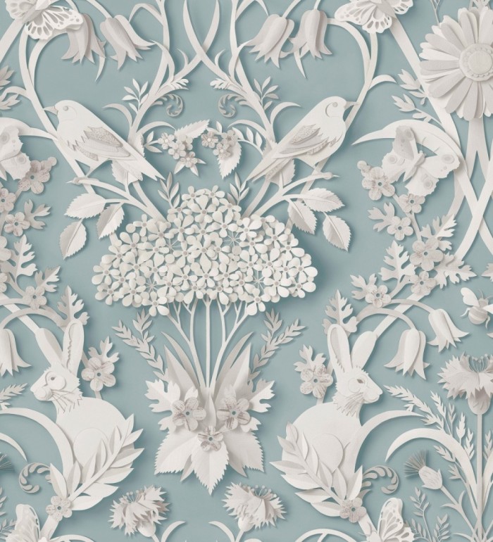 Papel pintado campestre de pájaros y conejos fondo turquesa - Lorraine 683534