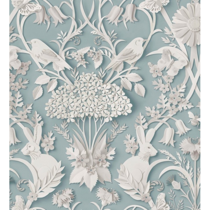 Papel pintado campestre de pájaros y conejos fondo turquesa - Lorraine 683534