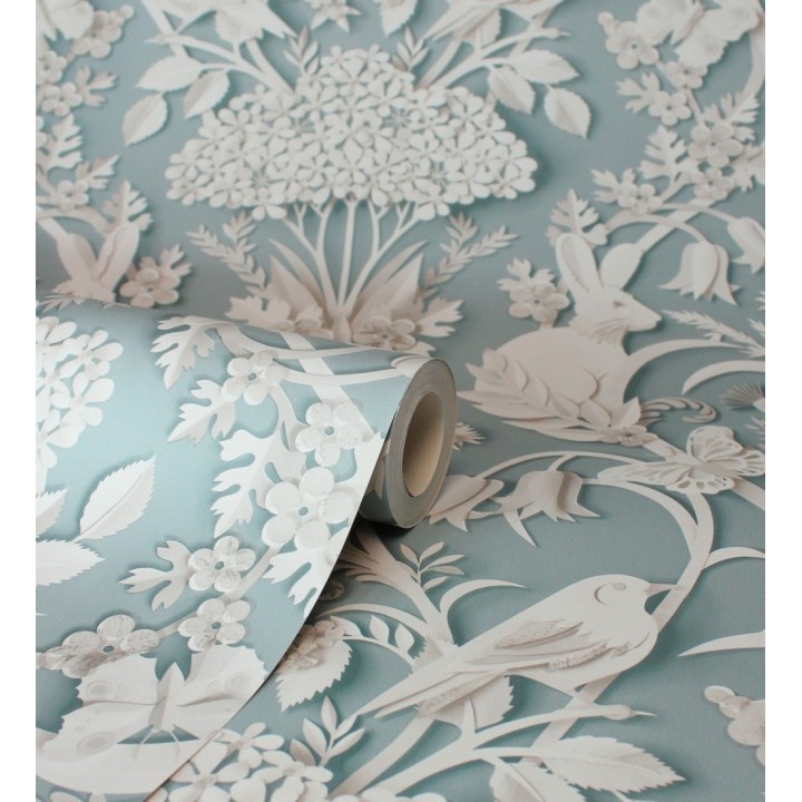 Papel pintado campestre de pájaros y conejos fondo turquesa - Lorraine 683534