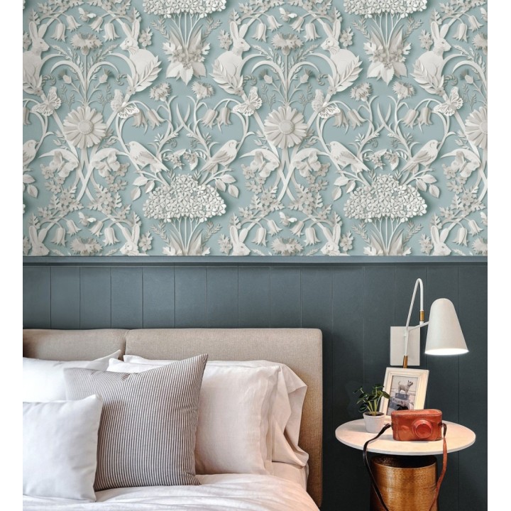 Papel pintado campestre de pájaros y conejos fondo turquesa - Lorraine 683534