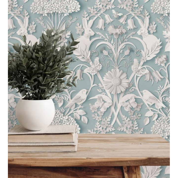 Papel pintado campestre de pájaros y conejos fondo turquesa - Lorraine 683534