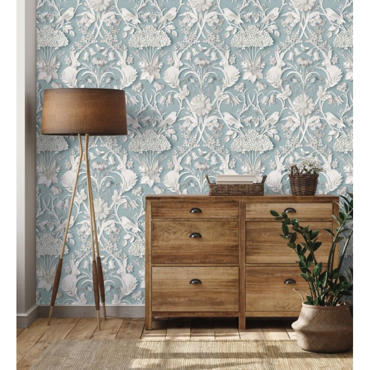 Papel pintado campestre de pájaros y conejos fondo turquesa - Lorraine 683534