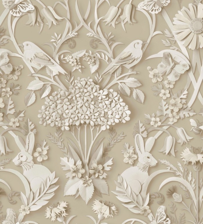 Papel pintado campestre de pájaros y conejos fondo color camel - Lorraine 683535
