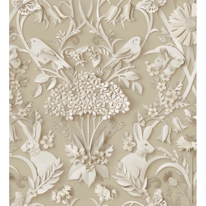 Papel pintado campestre de pájaros y conejos fondo color camel - Lorraine 683535