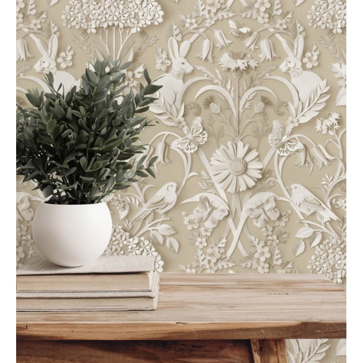 Papel pintado campestre de pájaros y conejos fondo color camel - Lorraine 683535