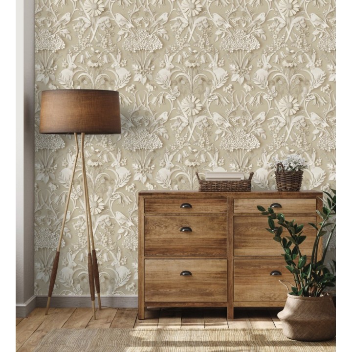 Papel pintado campestre de pájaros y conejos fondo color camel - Lorraine 683535