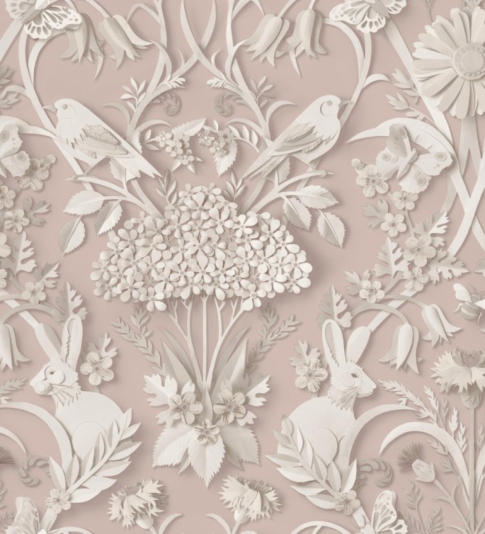 Papel pintado campestre de pájaros y conejos fondo rosa pastel - Lorraine 683536