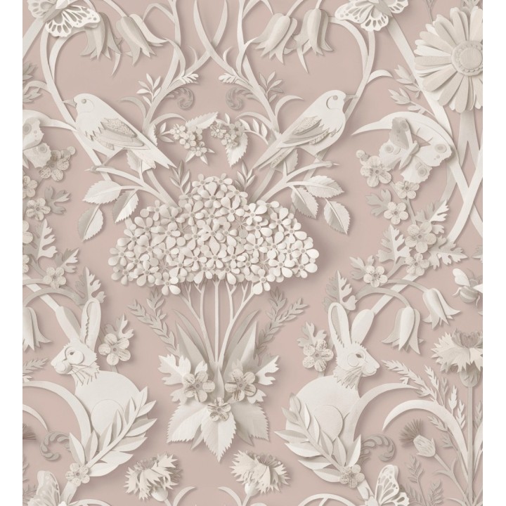 Papel pintado campestre de pájaros y conejos fondo rosa pastel - Lorraine 683536