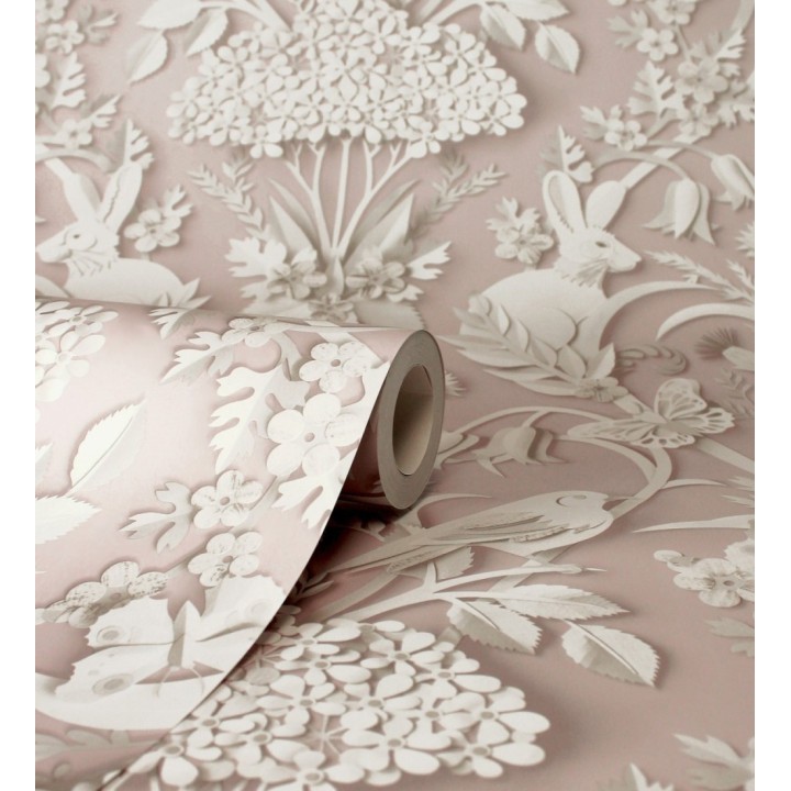 Papel pintado campestre de pájaros y conejos fondo rosa pastel - Lorraine 683536
