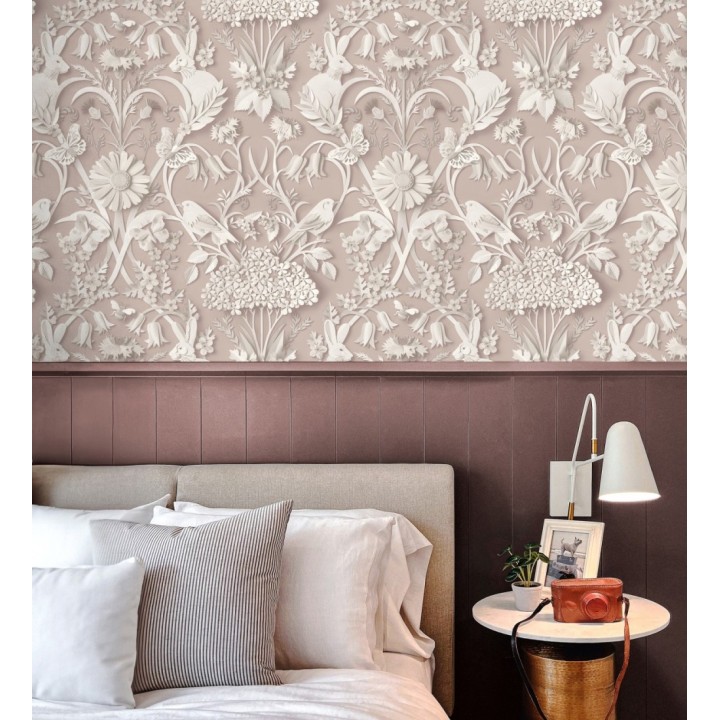 Papel pintado campestre de pájaros y conejos fondo rosa pastel - Lorraine 683536