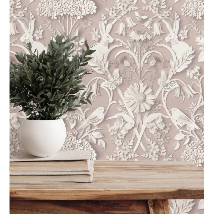 Papel pintado campestre de pájaros y conejos fondo rosa pastel - Lorraine 683536