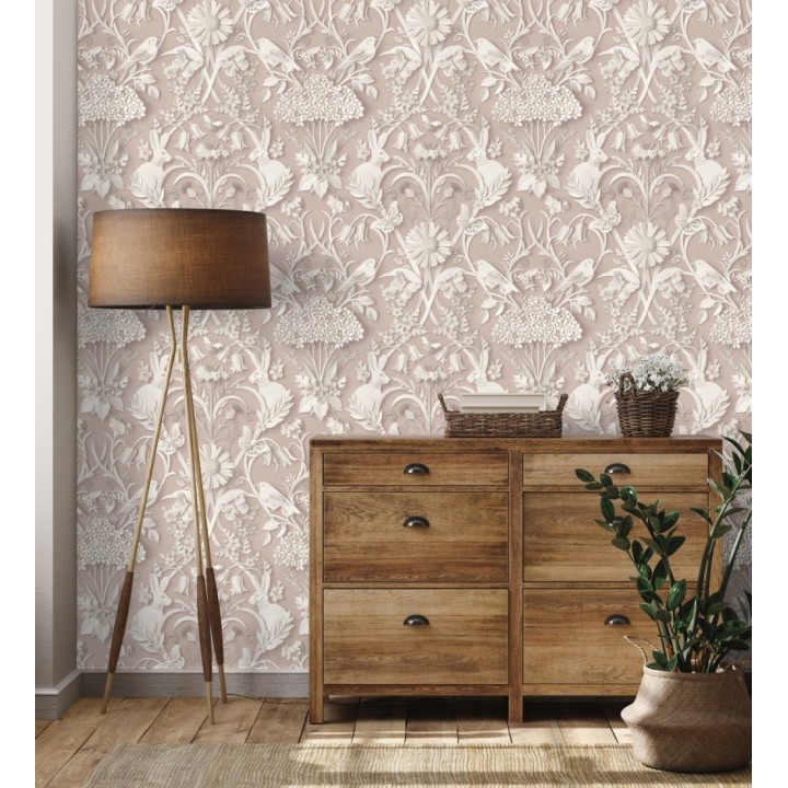 Papel pintado campestre de pájaros y conejos fondo rosa pastel - Lorraine 683536