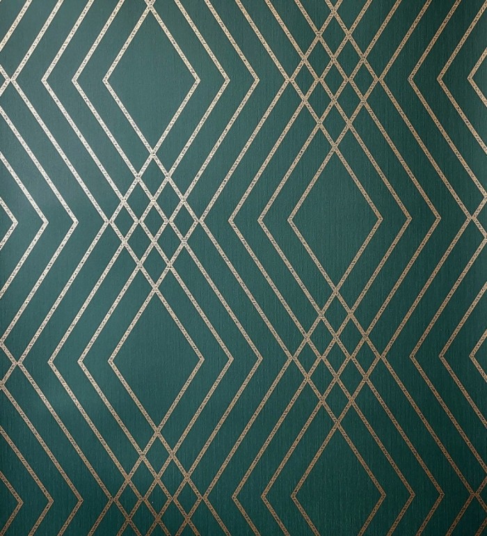 Papel pintado geométrico art déco fondo verde esmeralda con líneas doradas - Clark Modern 683541