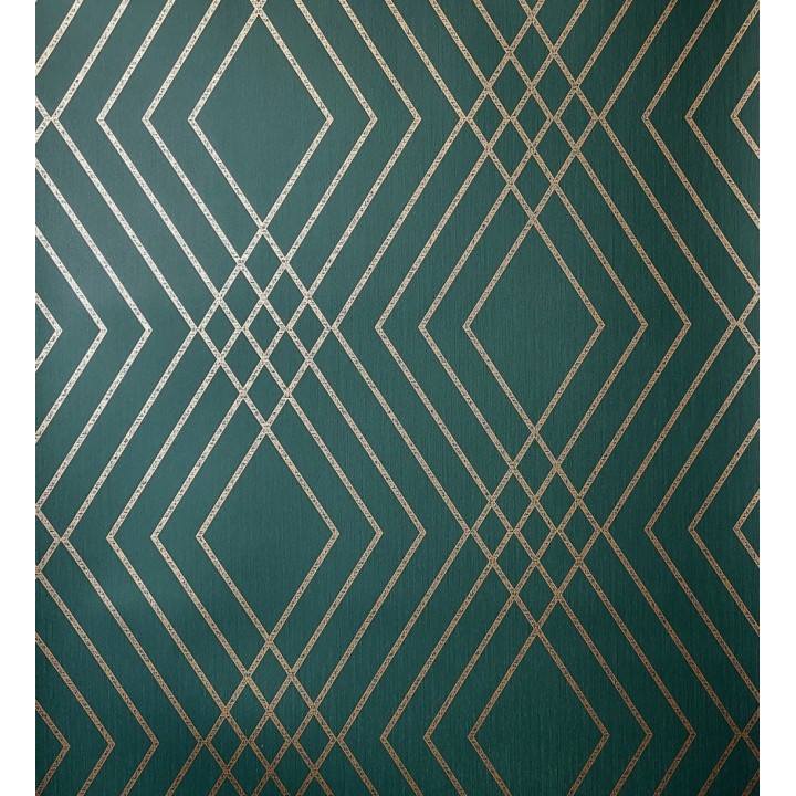 Papel pintado geométrico art déco fondo verde esmeralda con líneas doradas - Clark Modern 683541
