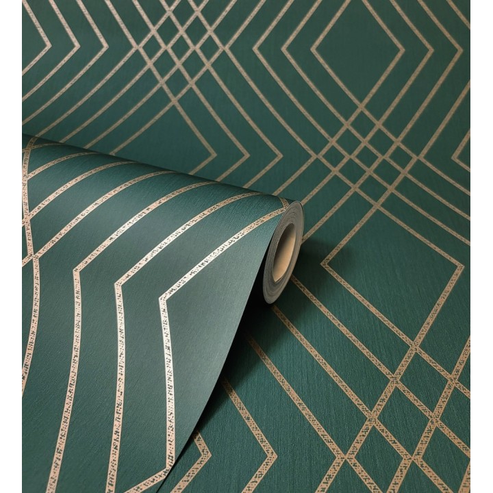 Papel pintado geométrico art déco fondo verde esmeralda con líneas doradas - Clark Modern 683541