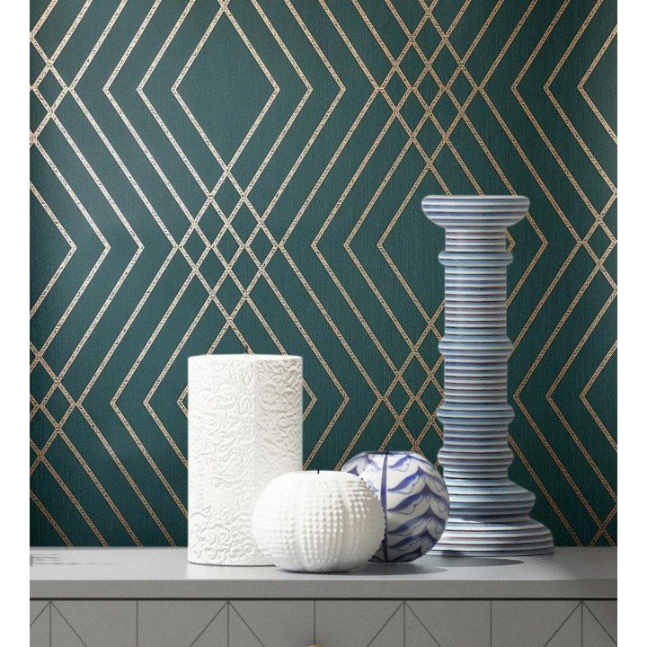 Papel pintado geométrico art déco fondo verde esmeralda con líneas doradas - Clark Modern 683541