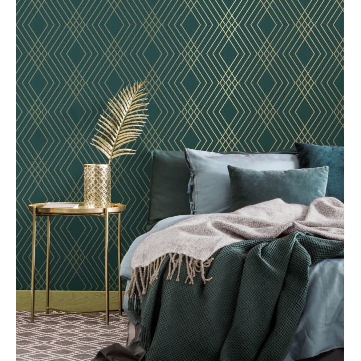 Papel pintado geométrico art déco fondo verde esmeralda con líneas doradas - Clark Modern 683541
