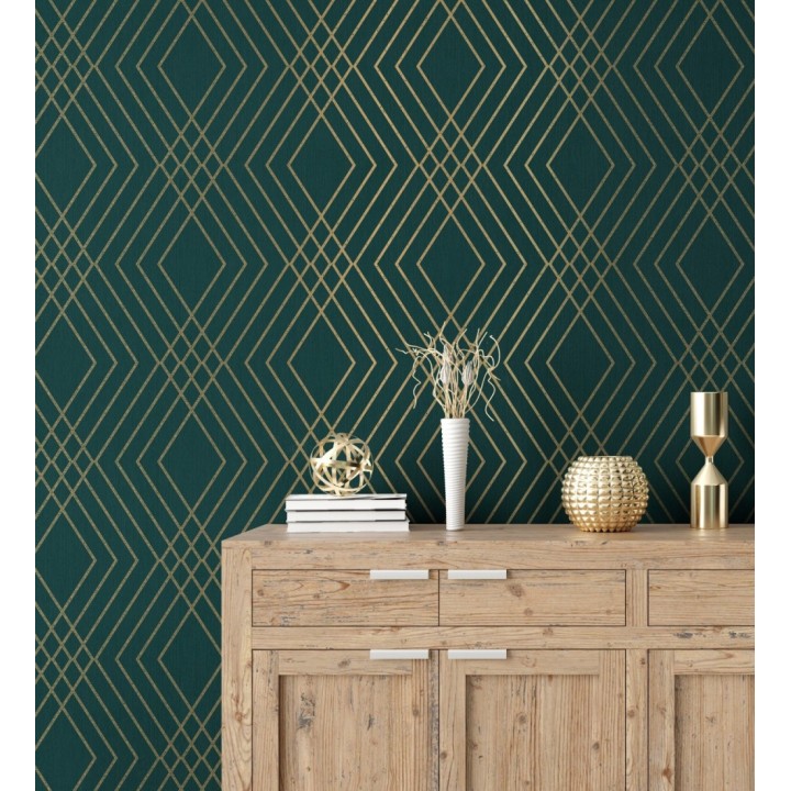 Papel pintado geométrico art déco fondo verde esmeralda con líneas doradas - Clark Modern 683541