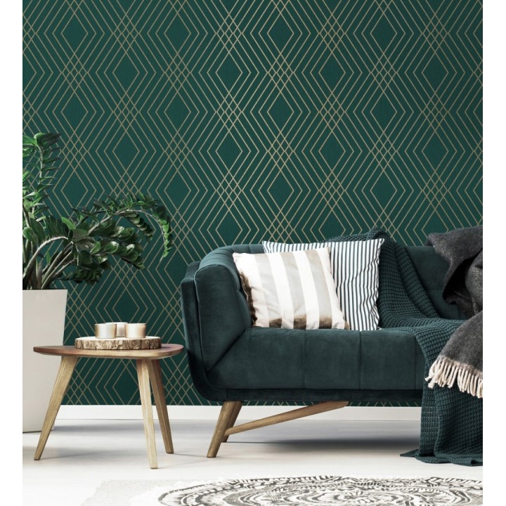 Papel pintado geométrico art déco fondo verde esmeralda con líneas doradas - Clark Modern 683541