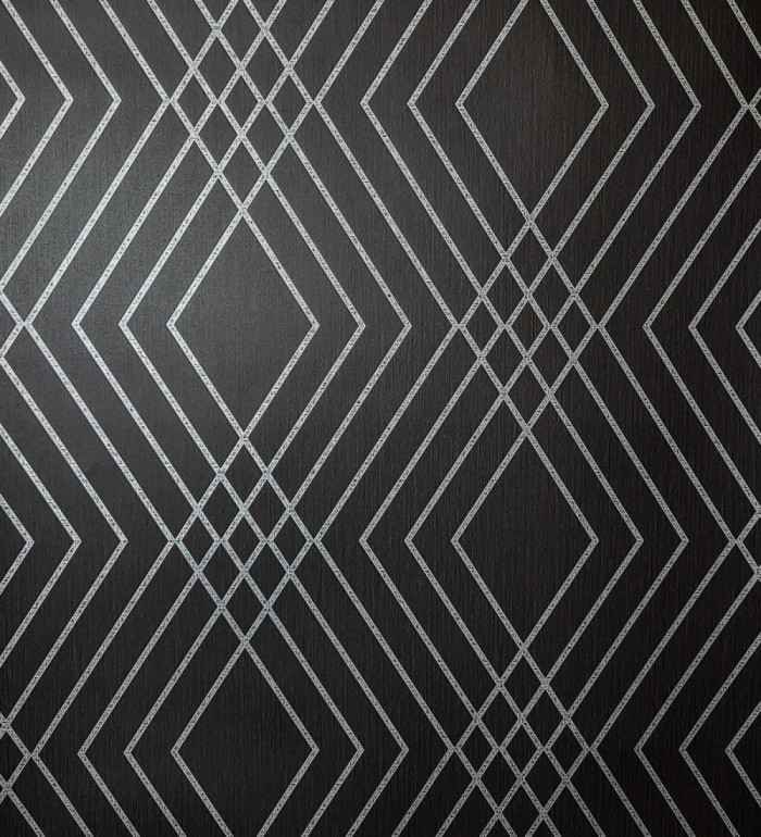 Papel pintado geométrico art déco fondo negro con líneas metalizadas en plata - Clark Modern 683542