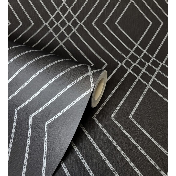 Papel pintado geométrico art déco fondo negro con líneas metalizadas en plata - Clark Modern 683542