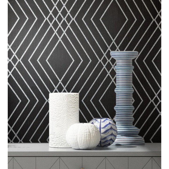 Papel pintado geométrico art déco fondo negro con líneas metalizadas en plata - Clark Modern 683542