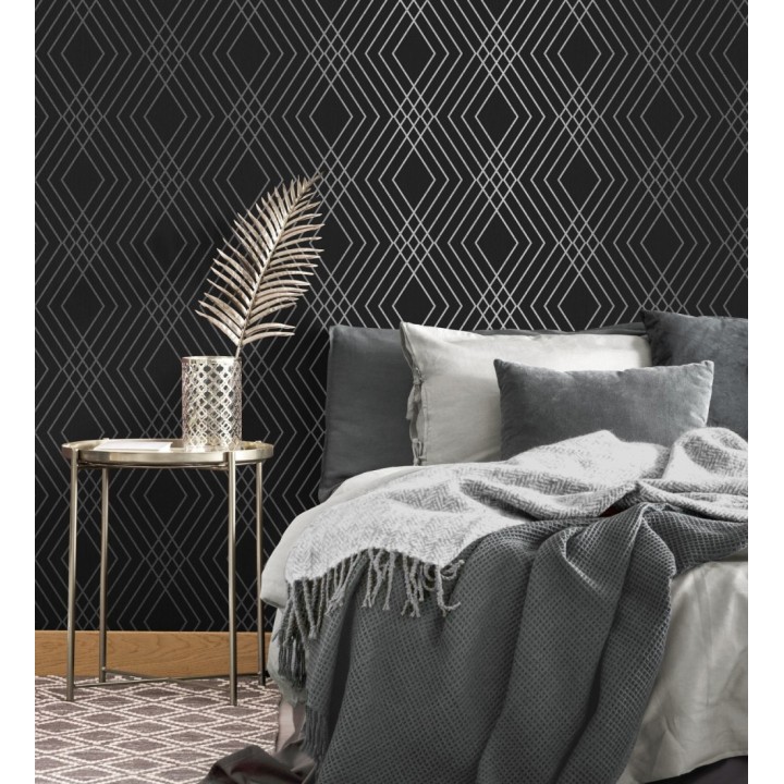 Papel pintado geométrico art déco fondo negro con líneas metalizadas en plata - Clark Modern 683542