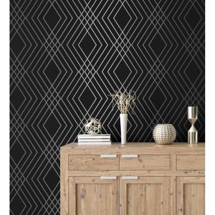 Papel pintado geométrico art déco fondo negro con líneas metalizadas en plata - Clark Modern 683542