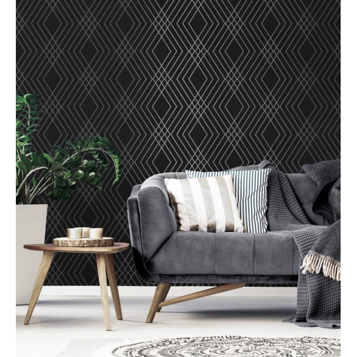 Papel pintado geométrico art déco fondo negro con líneas metalizadas en plata - Clark Modern 683542