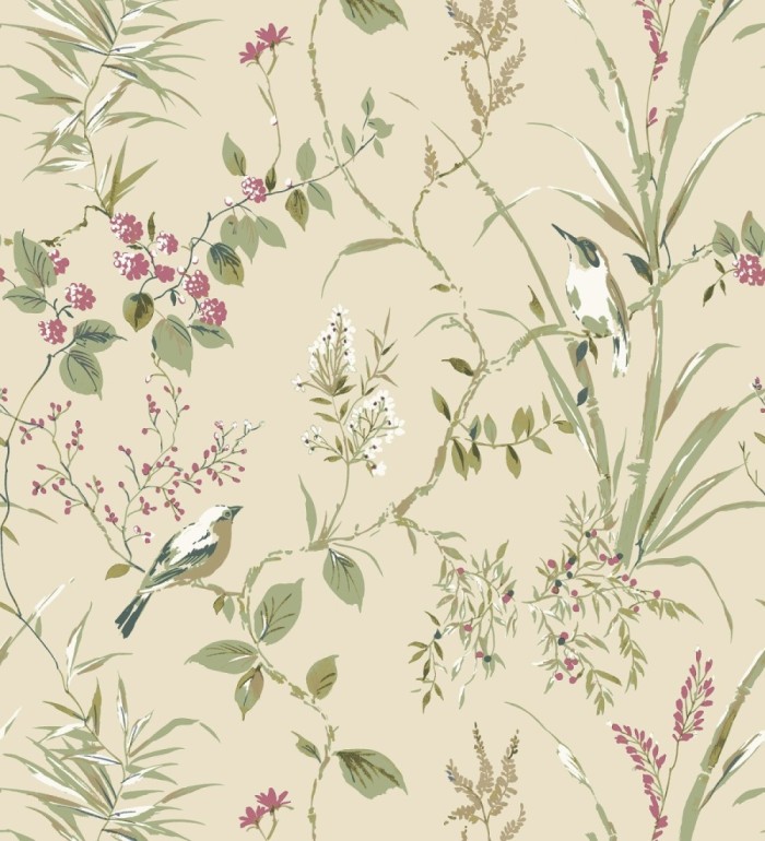 Papel pintado de ramas y pájaros estilo romántico fondo beige tostado - Alison Garden 683550