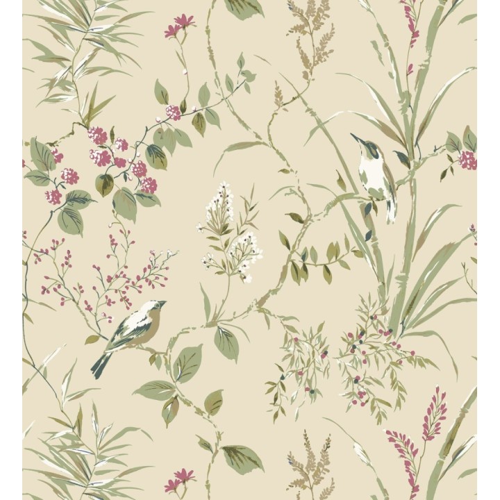 Papel pintado de ramas y pájaros estilo romántico fondo beige tostado - Alison Garden 683550