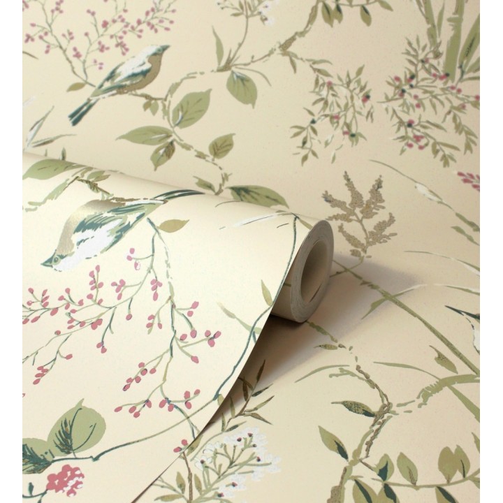 Papel pintado de ramas y pájaros estilo romántico fondo beige tostado - Alison Garden 683550