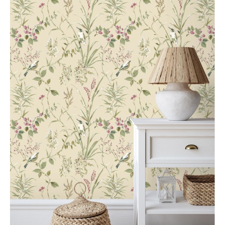 Papel pintado de ramas y pájaros estilo romántico fondo beige tostado - Alison Garden 683550
