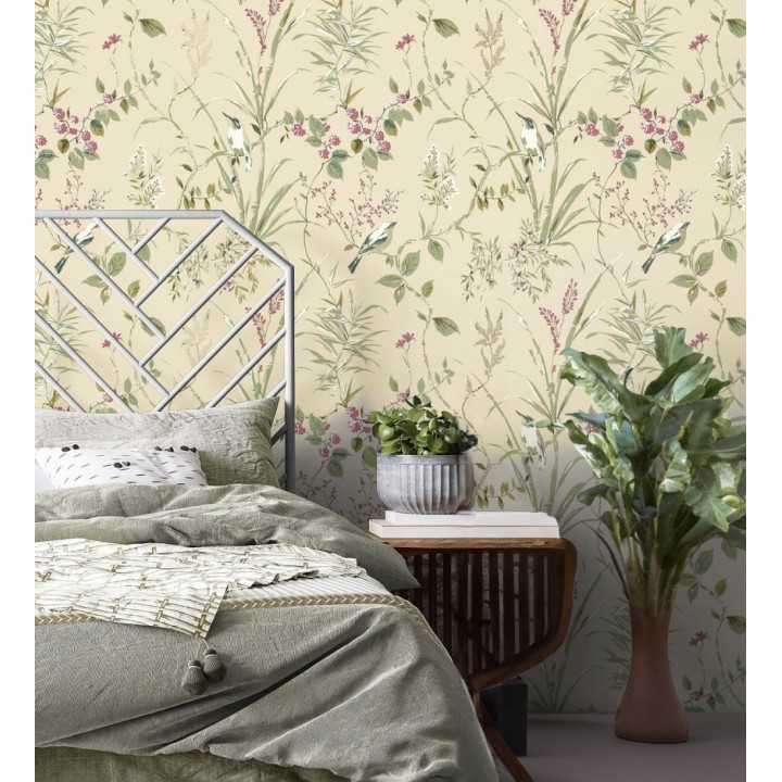 Papel pintado de ramas y pájaros estilo romántico fondo beige tostado - Alison Garden 683550