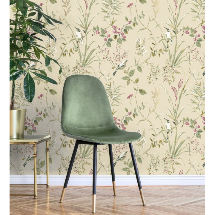 Papel pintado de ramas y pájaros estilo romántico fondo beige tostado - Alison Garden 683550