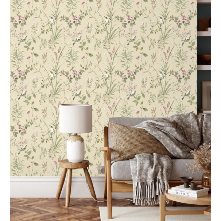 Papel pintado de ramas y pájaros estilo romántico fondo beige tostado - Alison Garden 683550