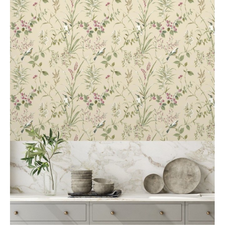 Papel pintado de ramas y pájaros estilo romántico fondo beige tostado - Alison Garden 683550