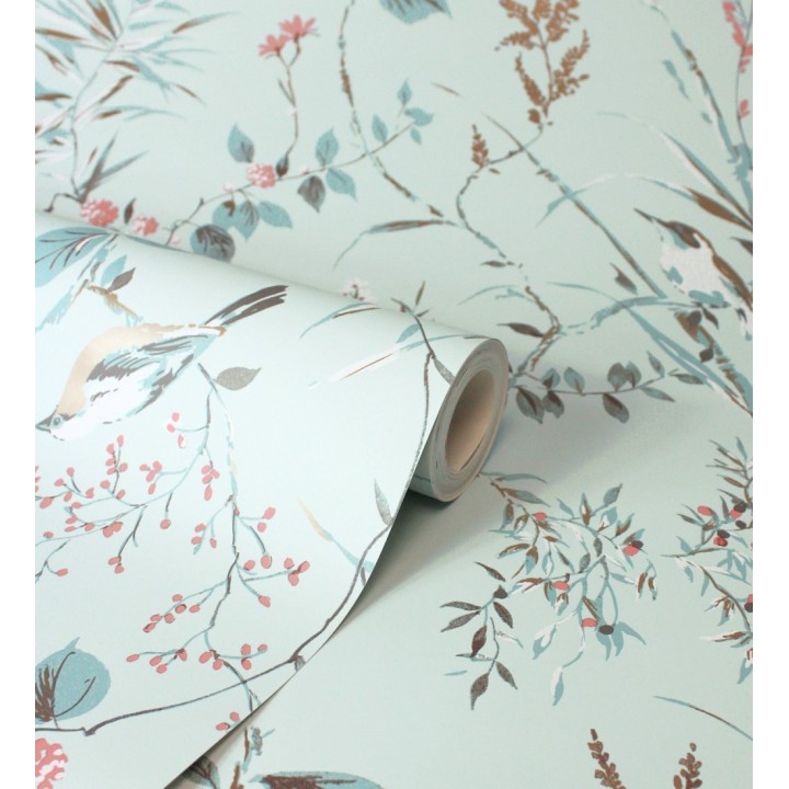 Papel pintado de ramas y pájaros estilo romántico fondo azul turquesa - Alison Garden 683551