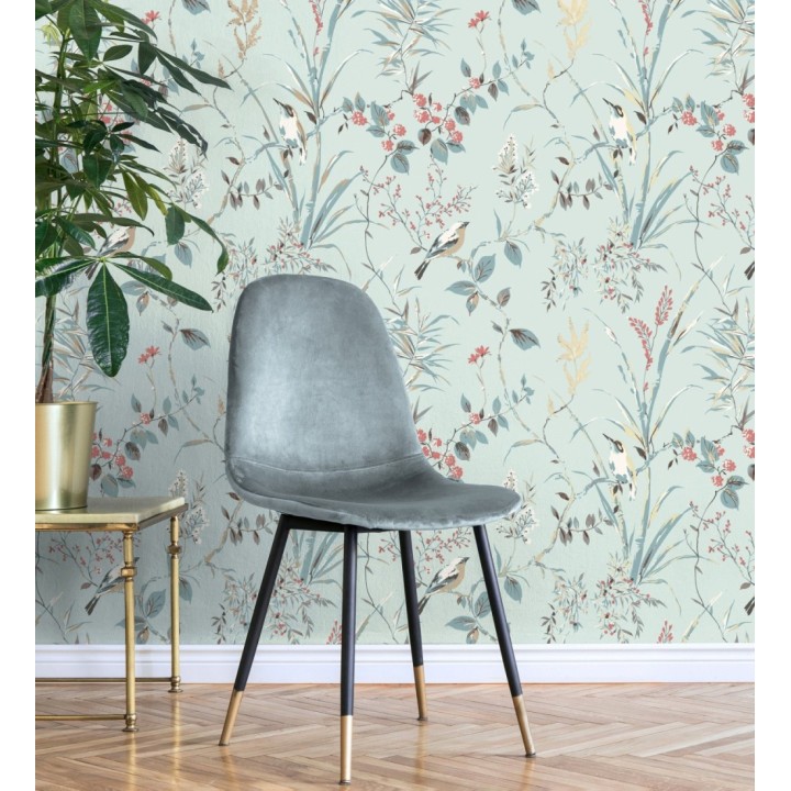 Papel pintado de ramas y pájaros estilo romántico fondo azul turquesa - Alison Garden 683551