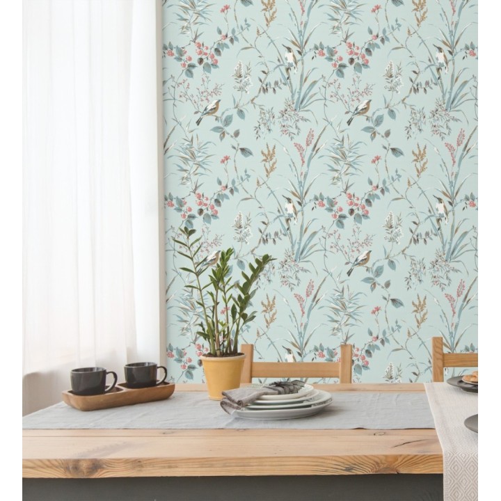 Papel pintado de ramas y pájaros estilo romántico fondo azul turquesa - Alison Garden 683551