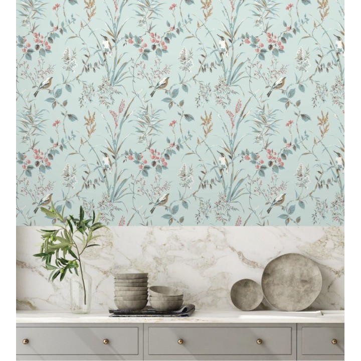 Papel pintado de ramas y pájaros estilo romántico fondo azul turquesa - Alison Garden 683551