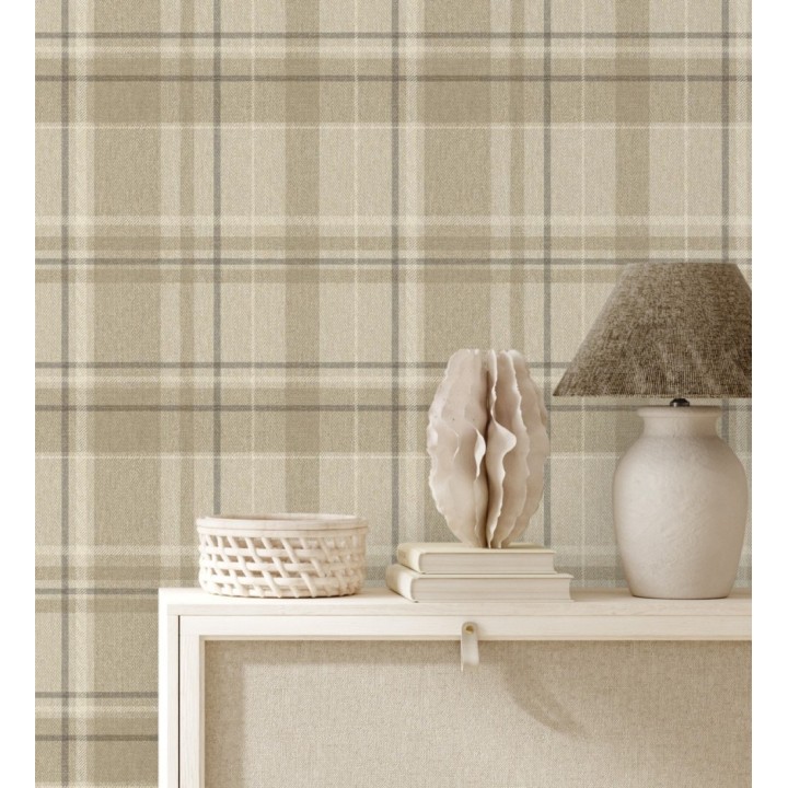 Papel pintado de cuadros escoceses fondo de espiga en tonos beige - Chevron Edward 683559