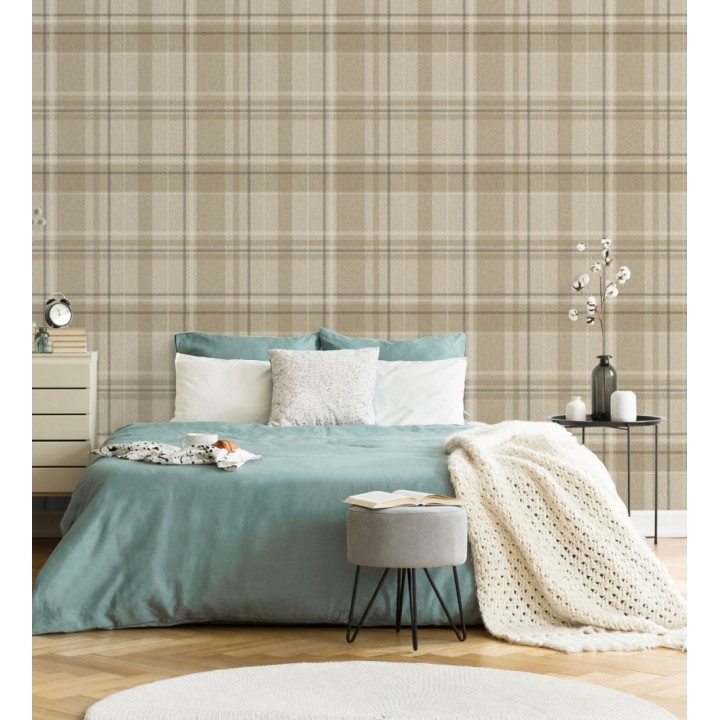 Papel pintado de cuadros escoceses fondo de espiga en tonos beige - Chevron Edward 683559