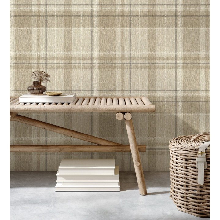 Papel pintado de cuadros escoceses fondo de espiga en tonos beige - Chevron Edward 683559