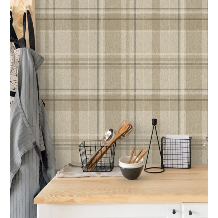 Papel pintado de cuadros escoceses fondo de espiga en tonos beige - Chevron Edward 683559