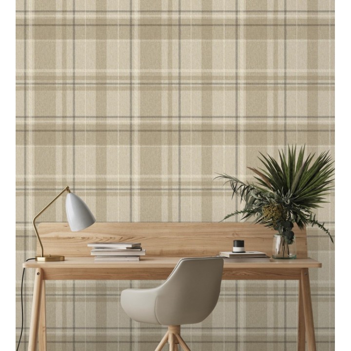 Papel pintado de cuadros escoceses fondo de espiga en tonos beige - Chevron Edward 683559