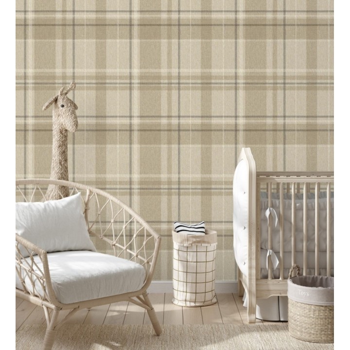 Papel pintado de cuadros escoceses fondo de espiga en tonos beige - Chevron Edward 683559