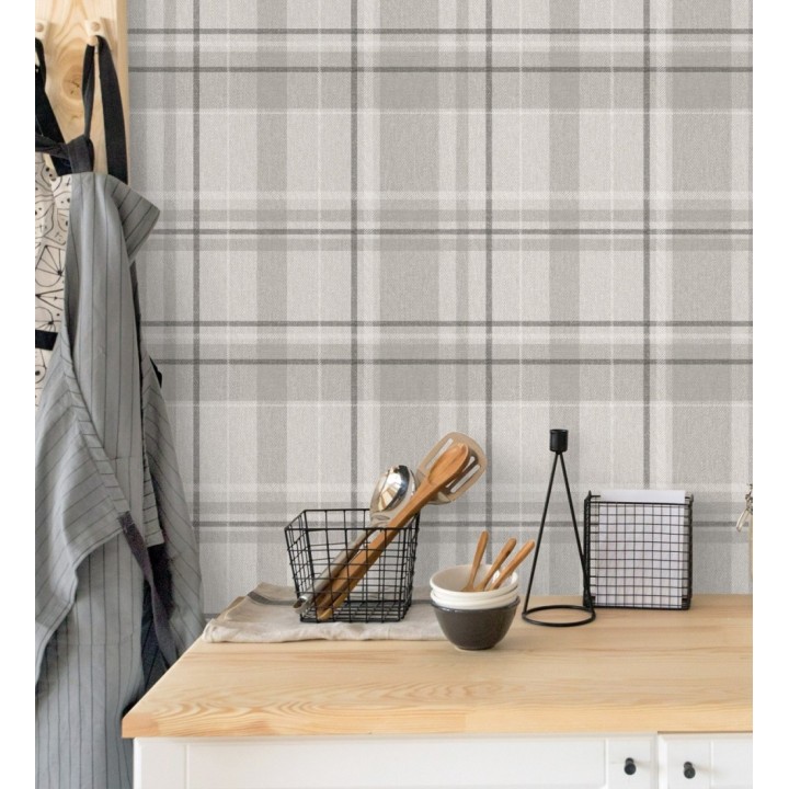 Papel pintado de cuadros escoceses fondo de espiga en tonos grises - Chevron Edward 683562