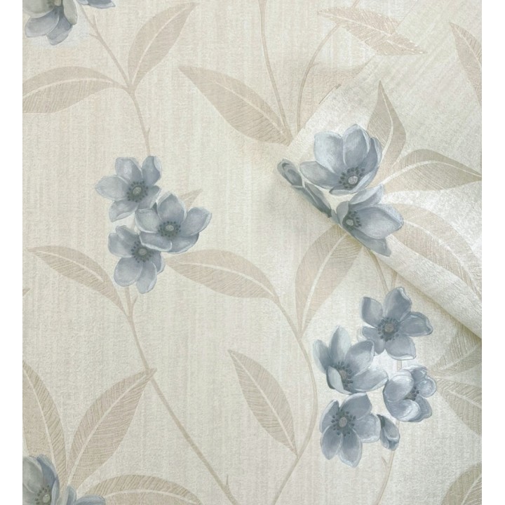 Papel pintado de flores azules fondo efecto textil en relieve en tonos claros - Evelyn Grace 683576