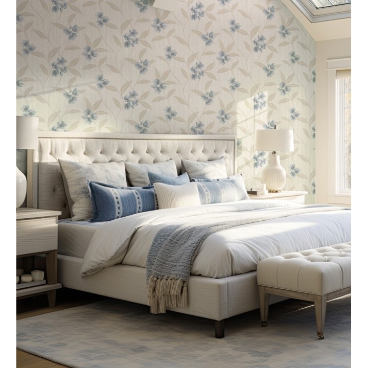 Papel pintado de flores azules fondo efecto textil en relieve en tonos claros - Evelyn Grace 683576